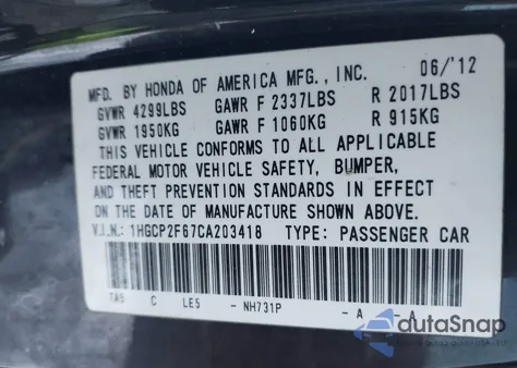 2012 Honda Accord 2.4 Se z USA, uszkodzony, nr VIN 1HGCP2F67CA203418